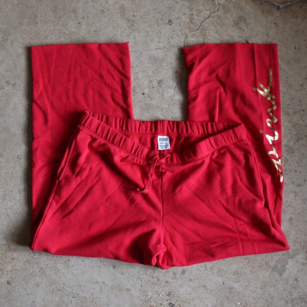 Victoria's Secret PINK Red Wide Leg Sweatpants Gold Logo XL Lounge Athleisure